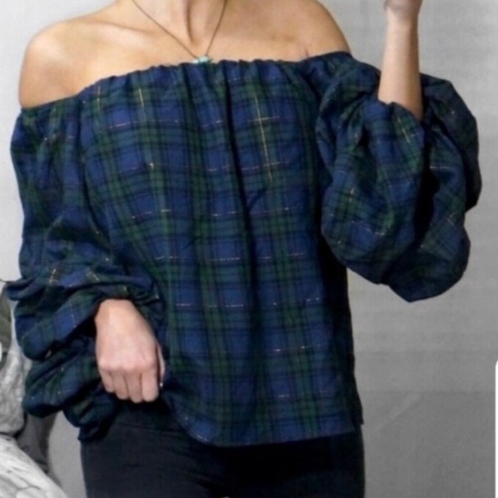 Greyson Women's Off‎ The Shoulder Tartan Plaid Puff Balloon Sleeves Top Blouse M